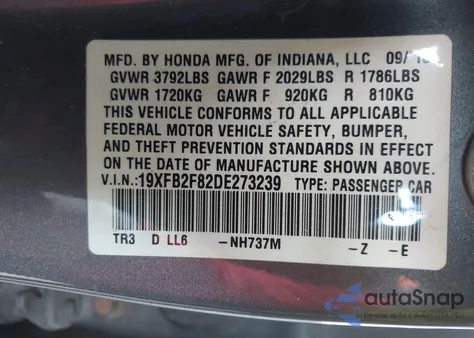 2013 Honda Civic Ex z USA, uszkodzony, nr VIN 19XFB2F82DE273239